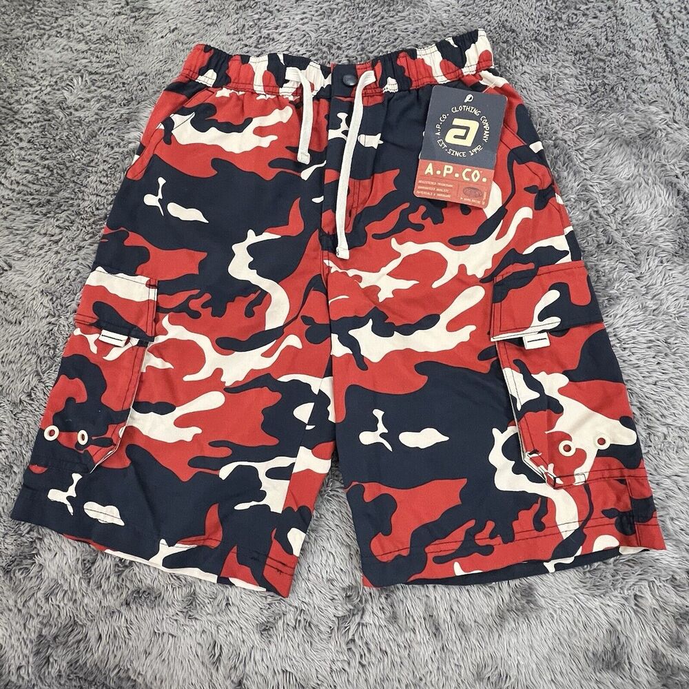 A.P. Co. Cargo Shorts Mens Medium Red Black Camouflage Elastic Waist - NEW